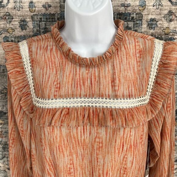 Tart Smocked Waist Mini Dress Size M Lace Ruffle Trim Long Sleeve Multicolor New - Picture 2 of 14